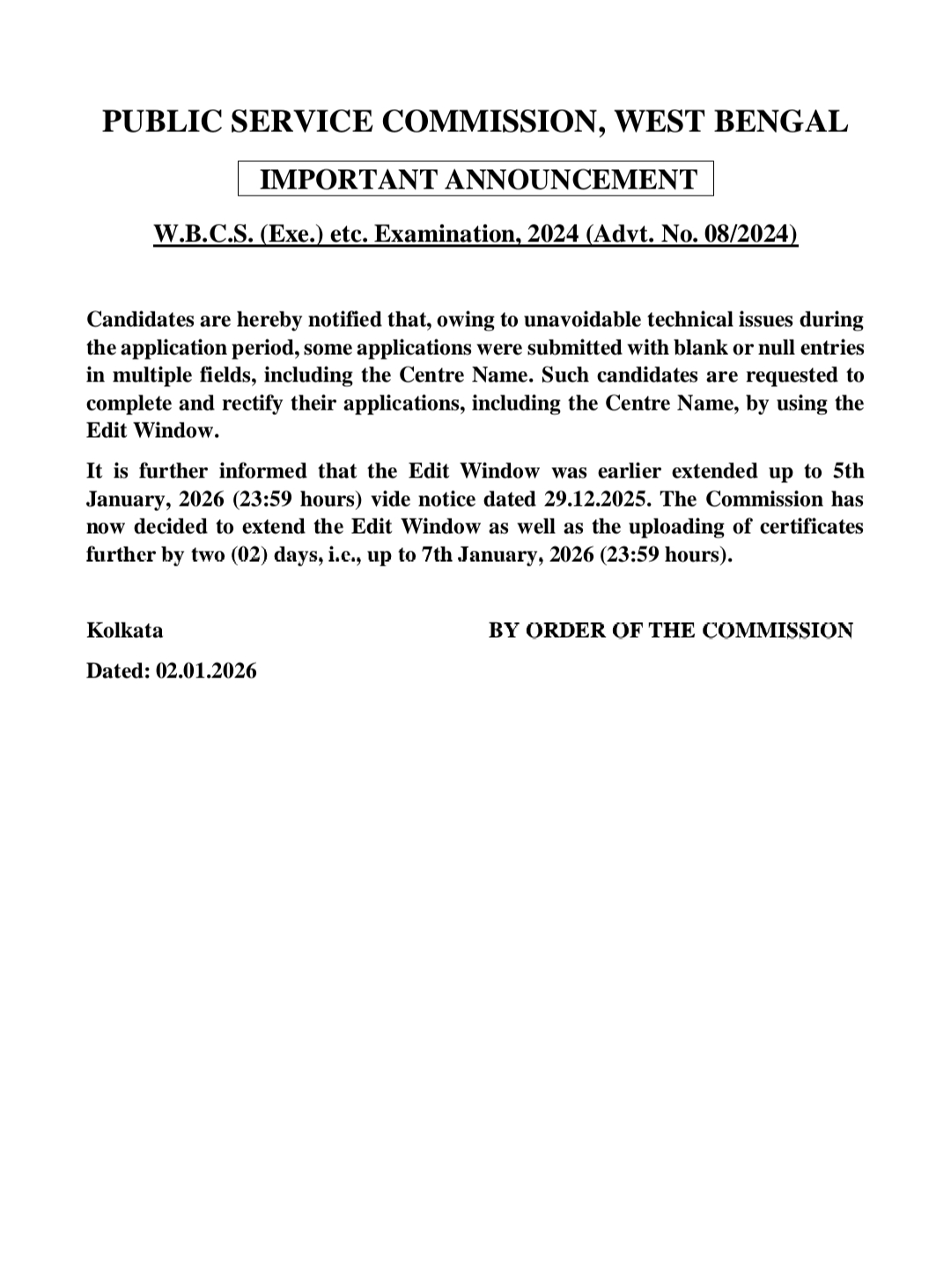 WBCS Notification 2025