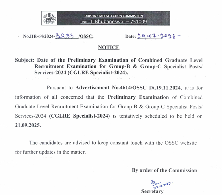 OSSC CGL Specialist Exam Date 2025 Out