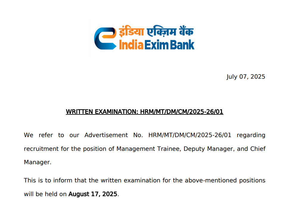 Exim Bank Exam Date 2025