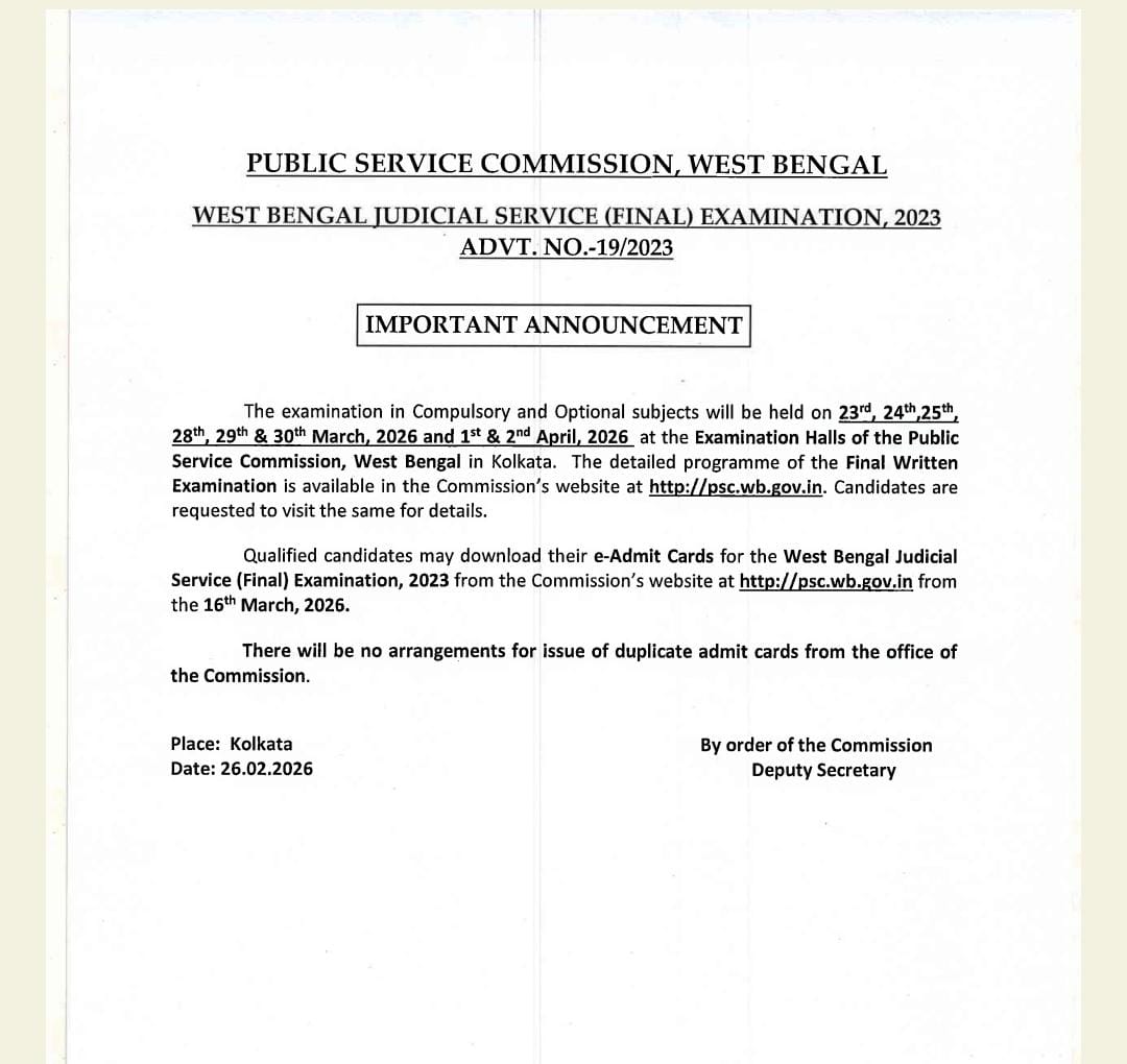 West bengal judicial service exam date 2026 notice