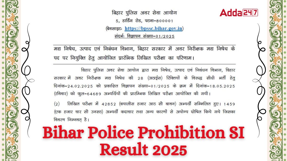 Bihar Police Prohibition SI Result 2025