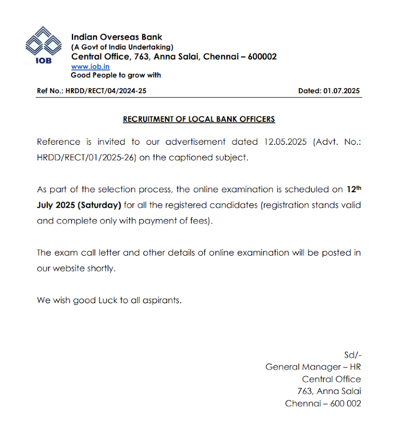 IOB LBO Exam Date 2025 Out, Local Bank Officer Call Letter_4.1