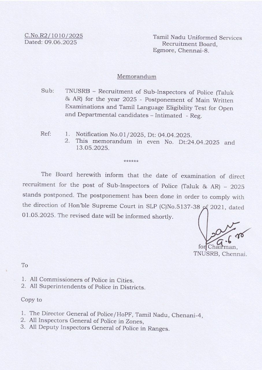 TNSURB SI Exam Postponed
