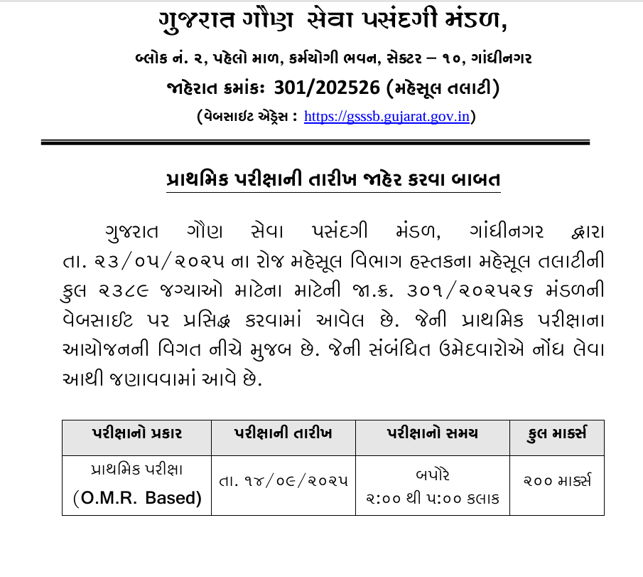 GSSSB Revenue Talati Exam Date 2025