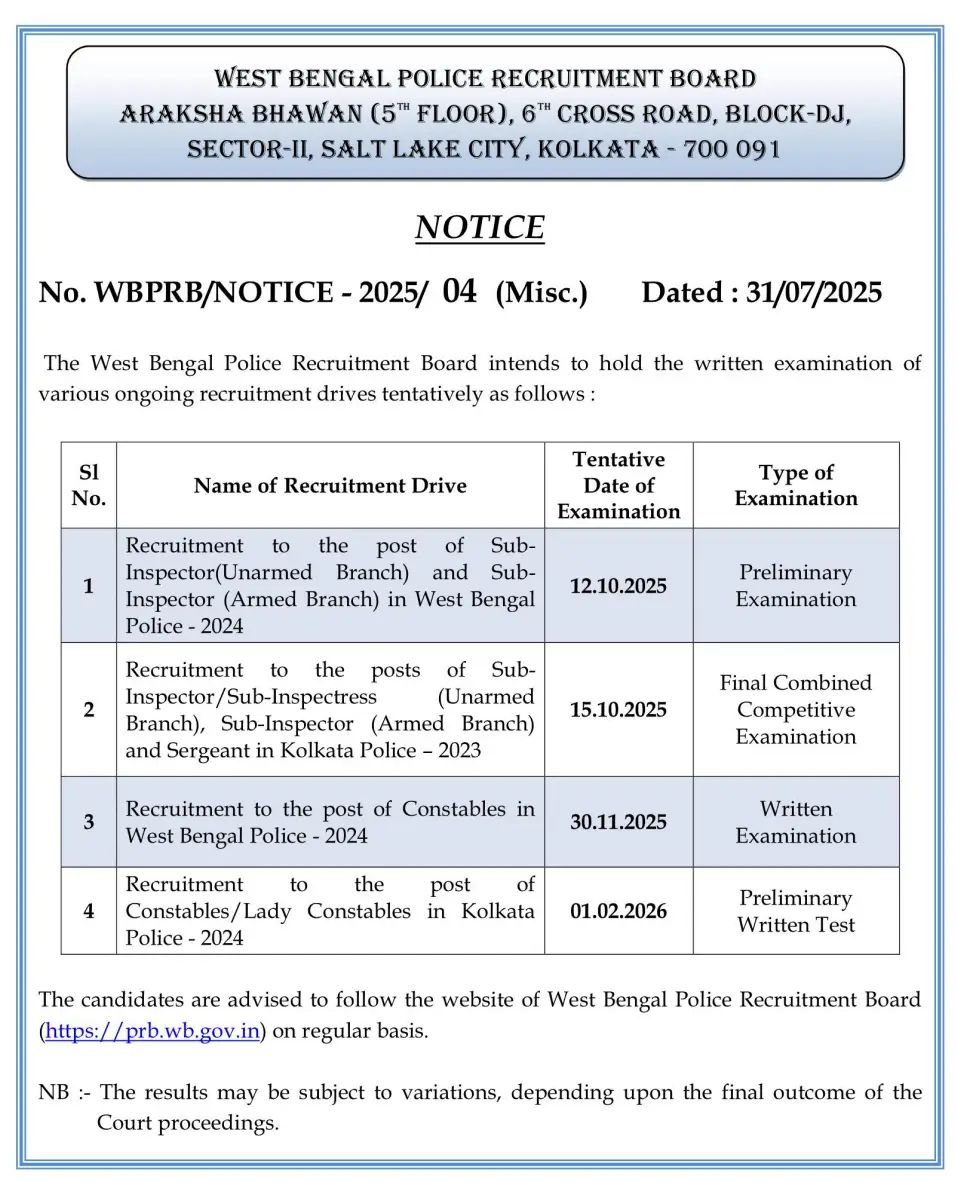WB Police Exam Date 2025 Out For SI And Constable Posts (Official Notice)_4.1