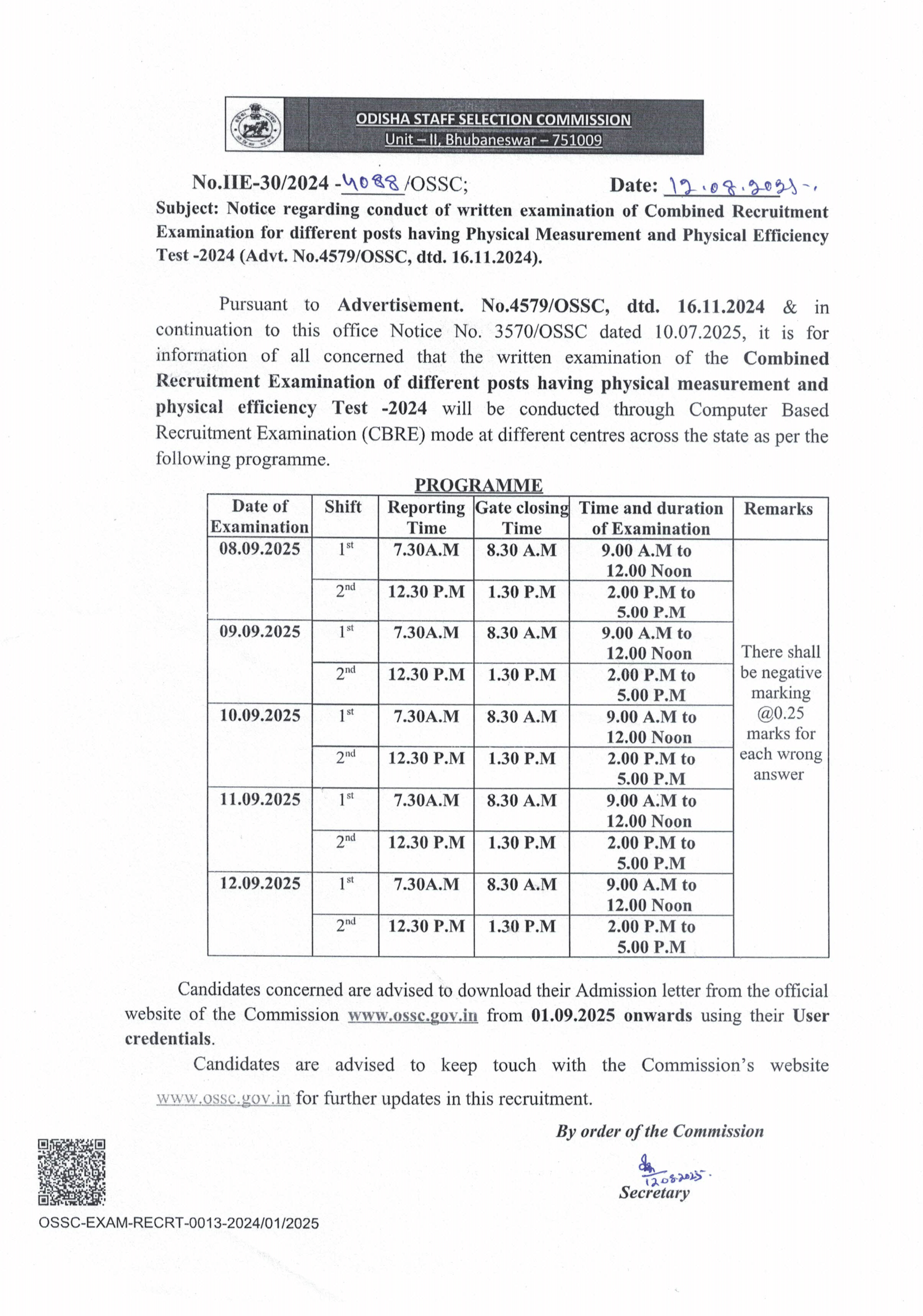 OSSC Excise SI Admit Card 2025