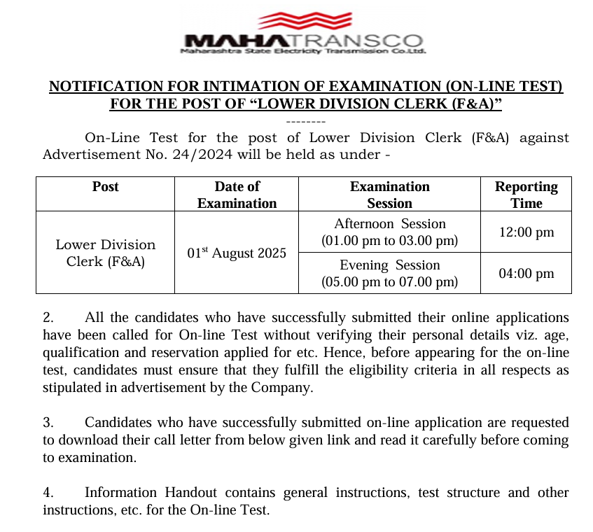 Mahatransco LDC Admit Card 2025 Out