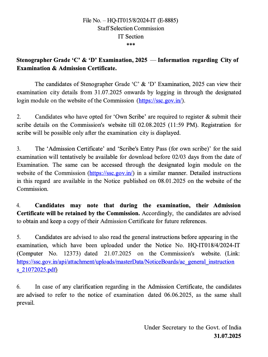 SSC Stenographer City Intimation Slip 2025 Out, Check Exam City and Date_4.1