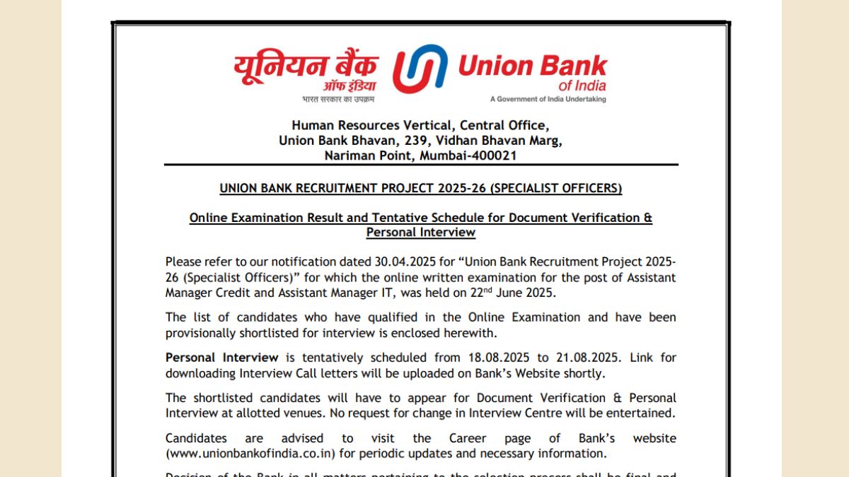 Union Bank SO Result 2025