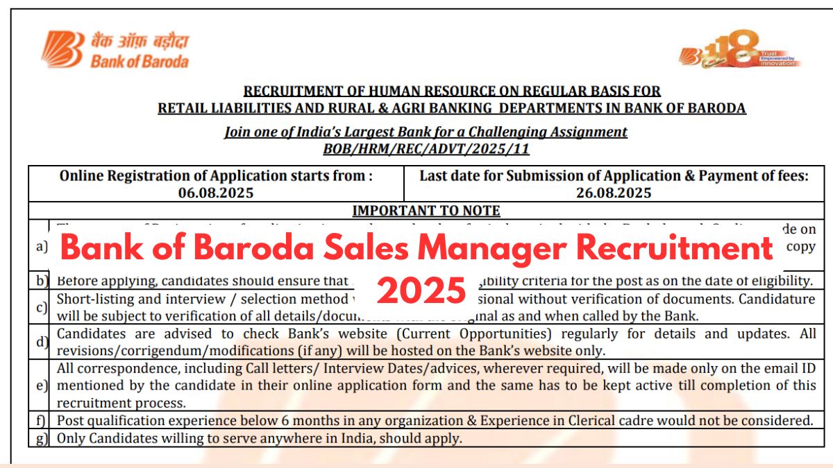 Bank of Baroda Sales Manager Recruitment 2025