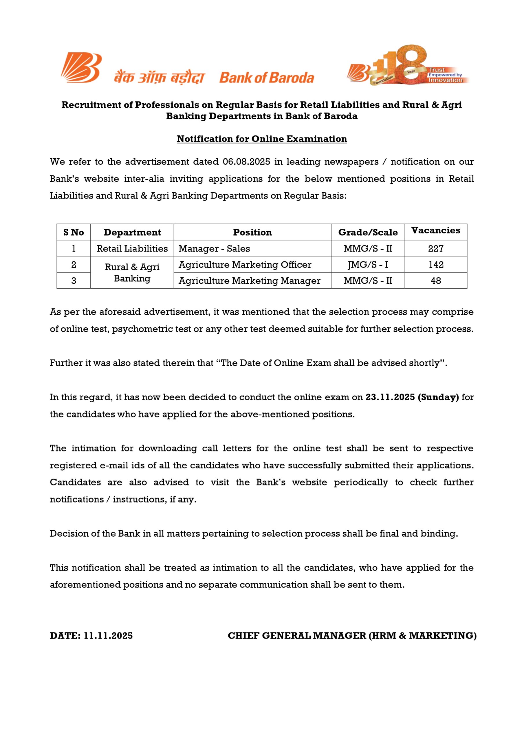 Bank of Baroda Agriculture Manager Exam Date 2025