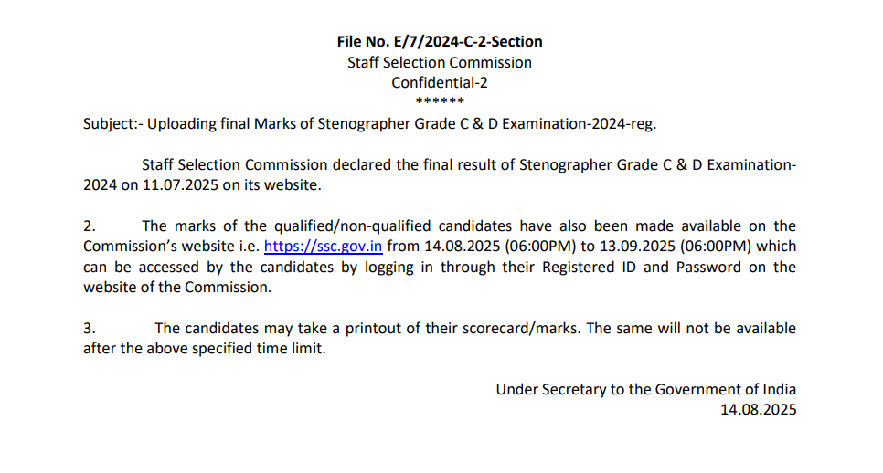 SSC Stenographer Score Card 2025 Out, Check Marks for Grade C and D Exam_4.1
