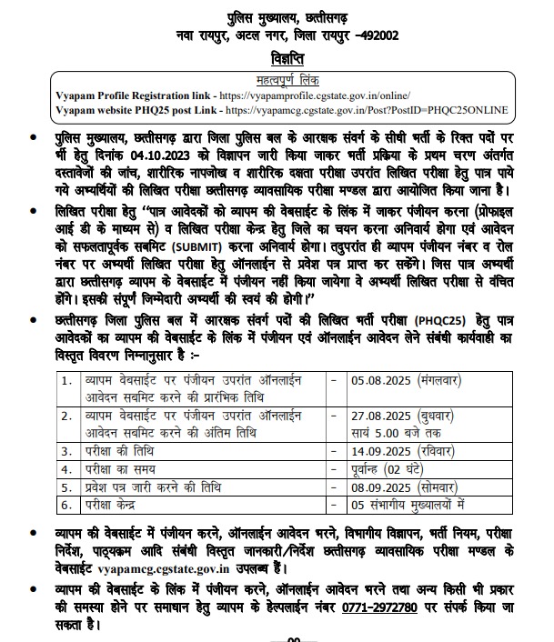 CG Vyapam Police Constable Exam Date 2025