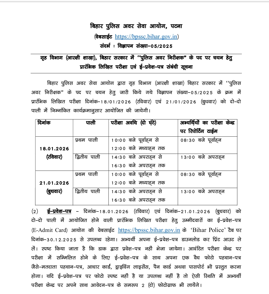 Bihar Police SI Admit Card 2025