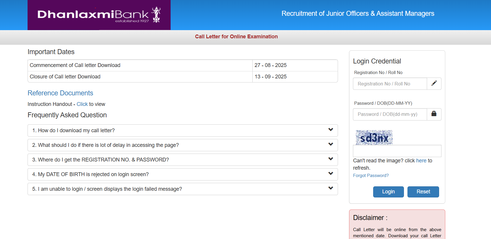 Dhanlaxmi Bank Admit Card 2025