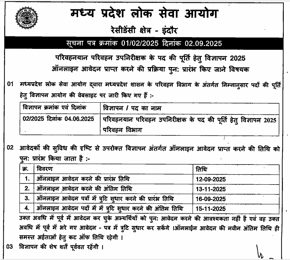 MPPSC Transport SI Recruitment 2025