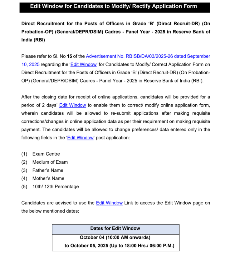 RBI Grade B Application Form Correction 2025, Direct Link Active_4.1