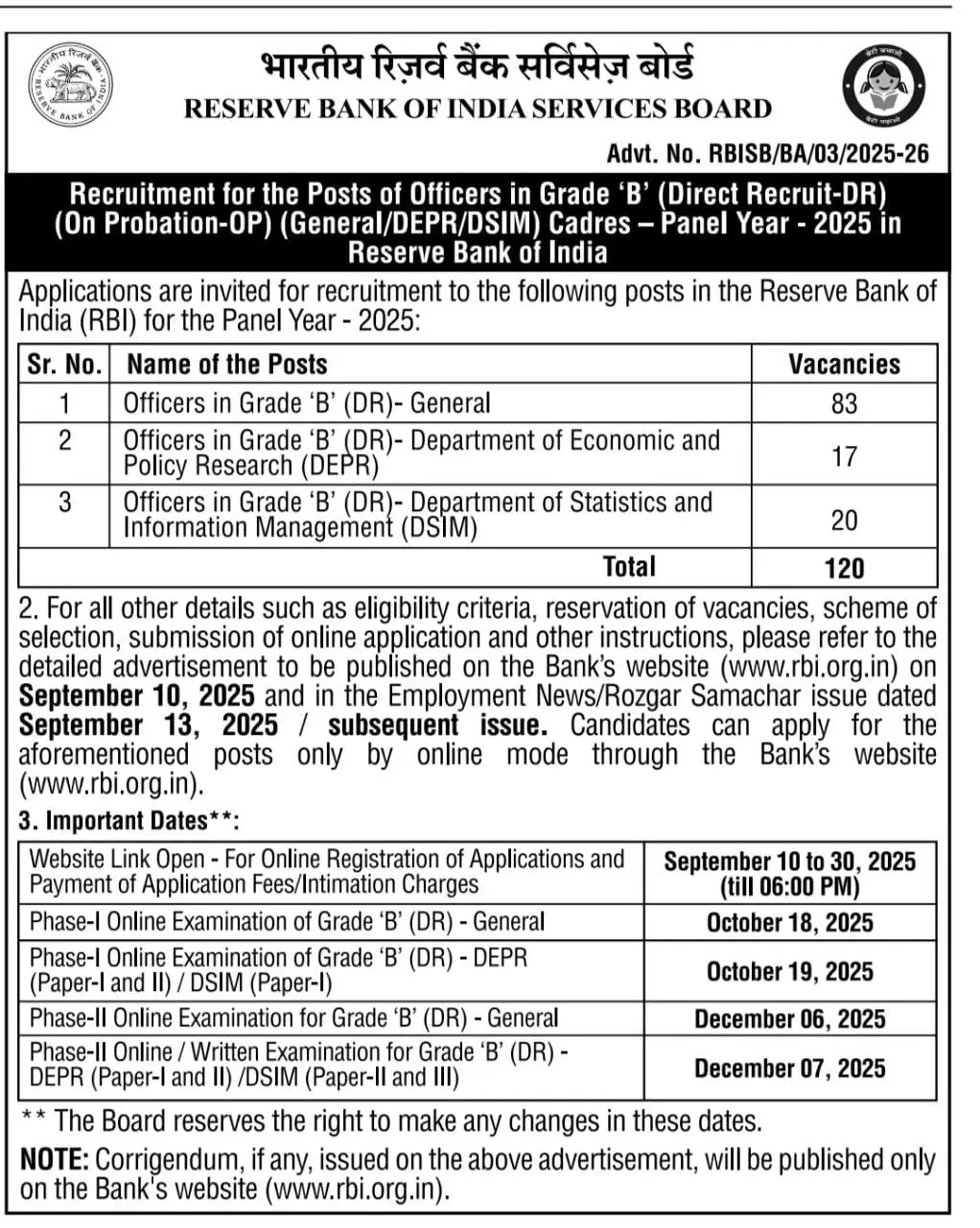 RBI Grade B Notification 2025 Out For 120 Vacancies, Apply Online Starts From 10th Sep_4.1