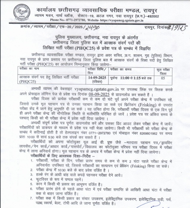 CG Vyapam Police Constable Admit Card 2025