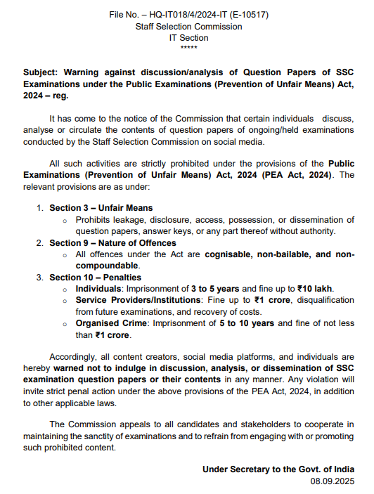 SSC Warnings to Aspirants Against Discussion and Circulation of Questions