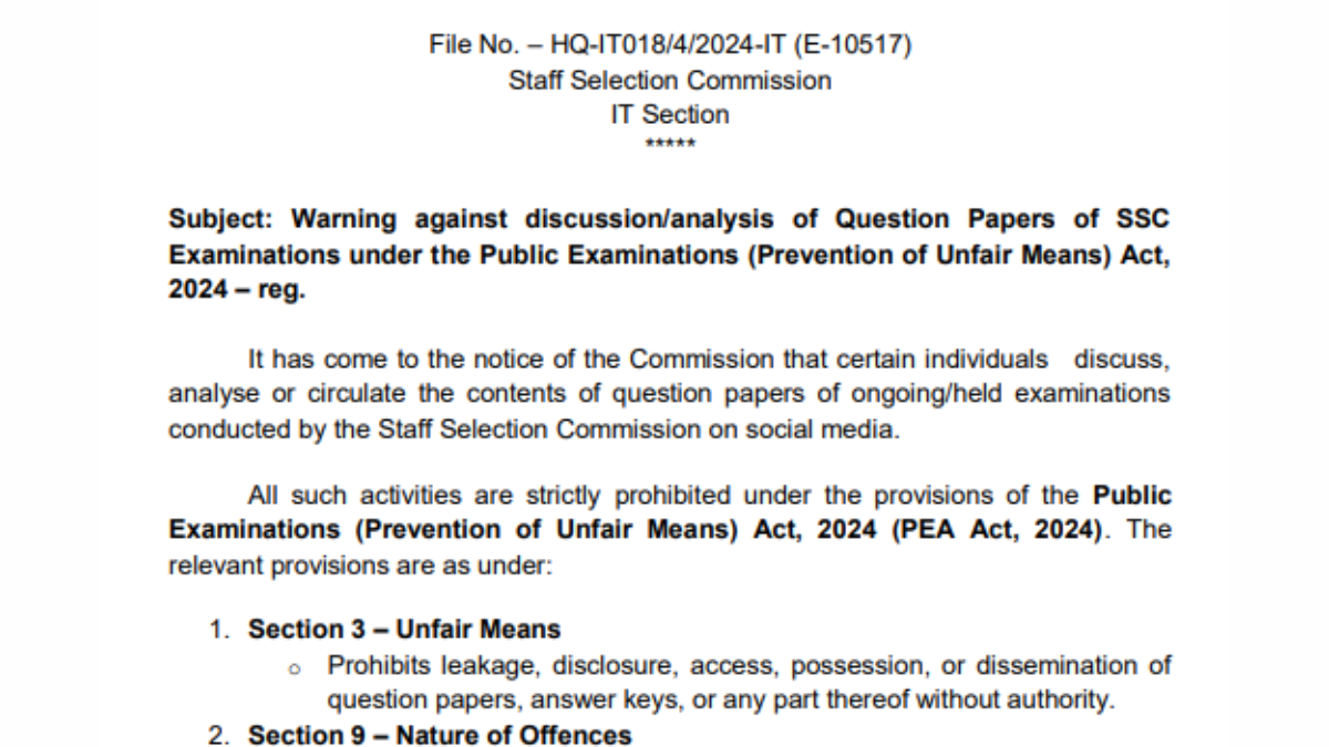 SSC Warnings to Aspirants Against Discussion and Circulation of Questions