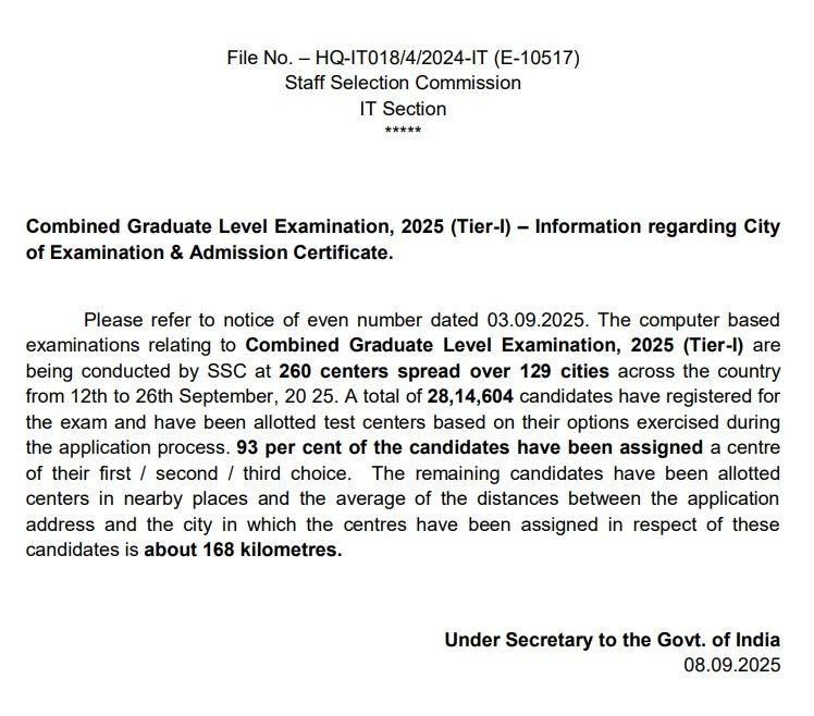 SSC CGL 2025: 93% Candidates Get Preferred Exam Centres 