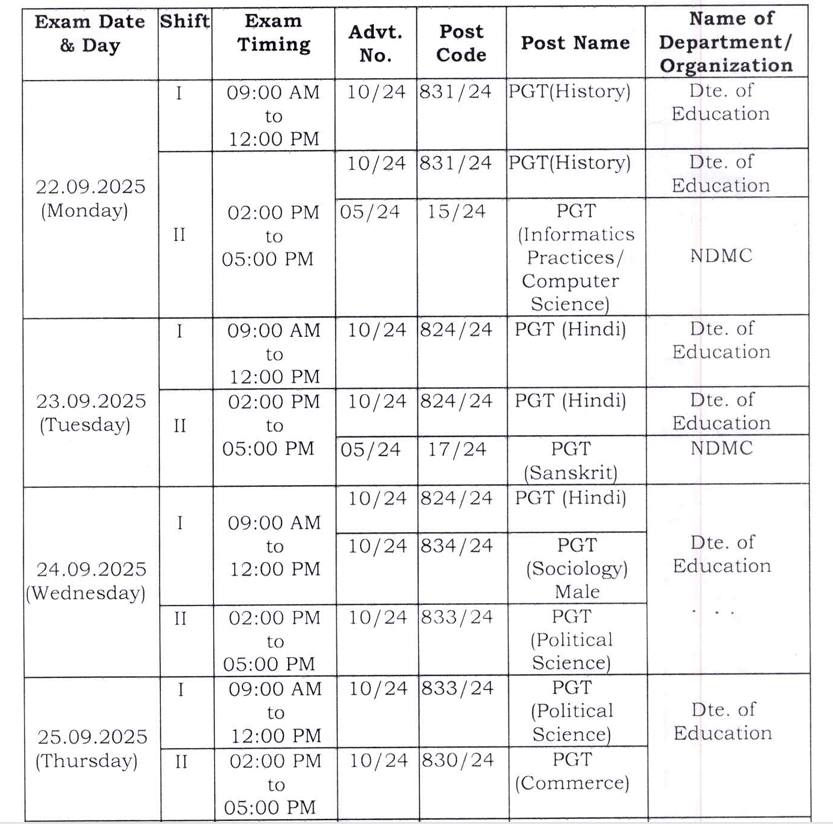 DSSSB September Exam Schedule 2025