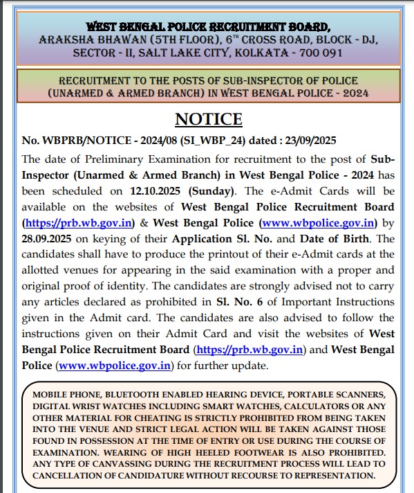 WBP SI Admit Card 2025