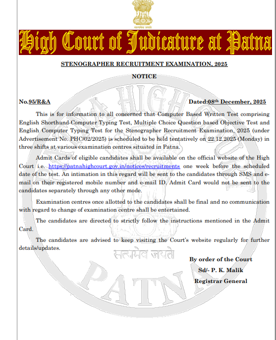 Patna High Court Stenographer Exam Date 2025 Out, Check Exam Schedule_3.1