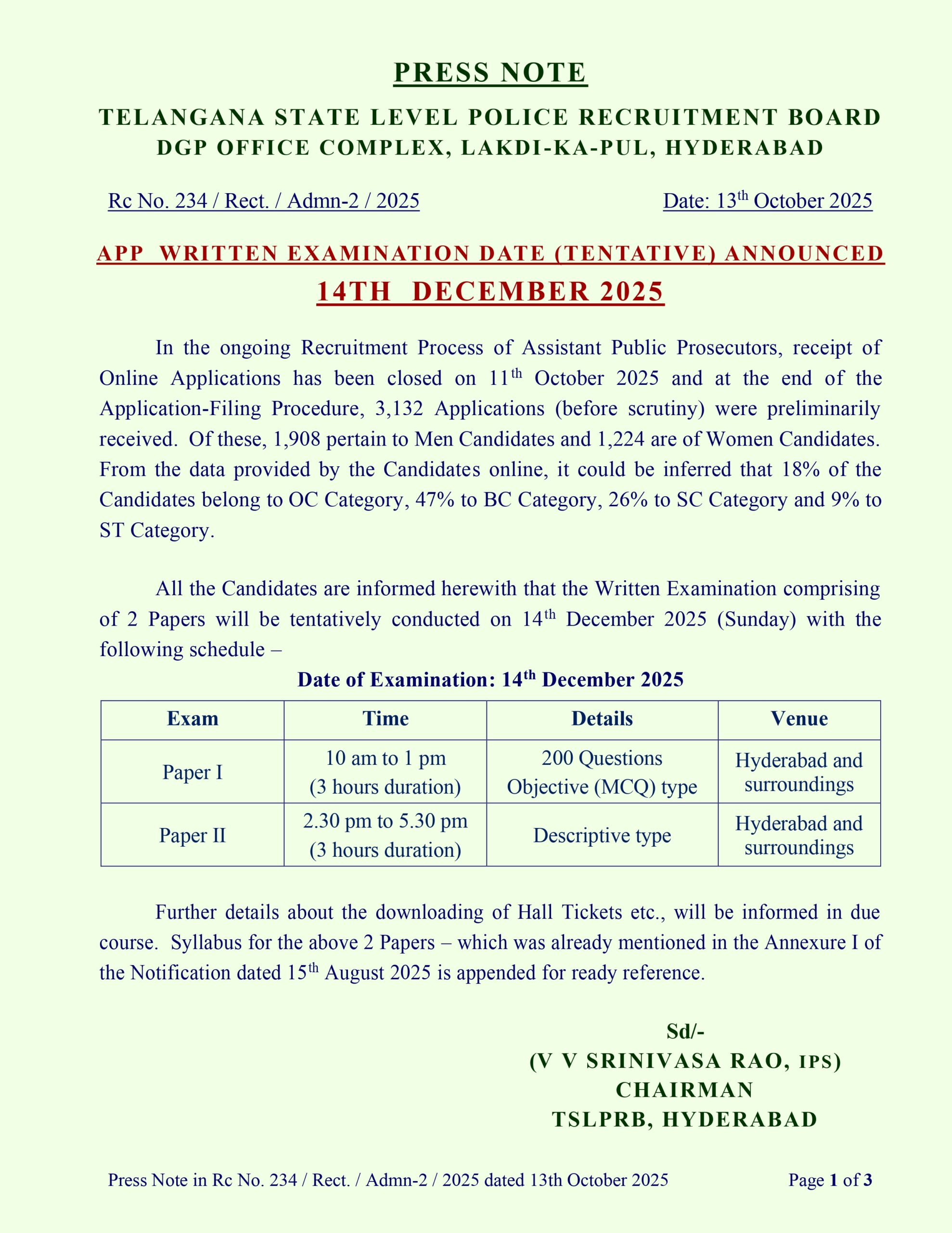 TSLPRB Assistant Public Prosecutor Exam Date 2025 Out