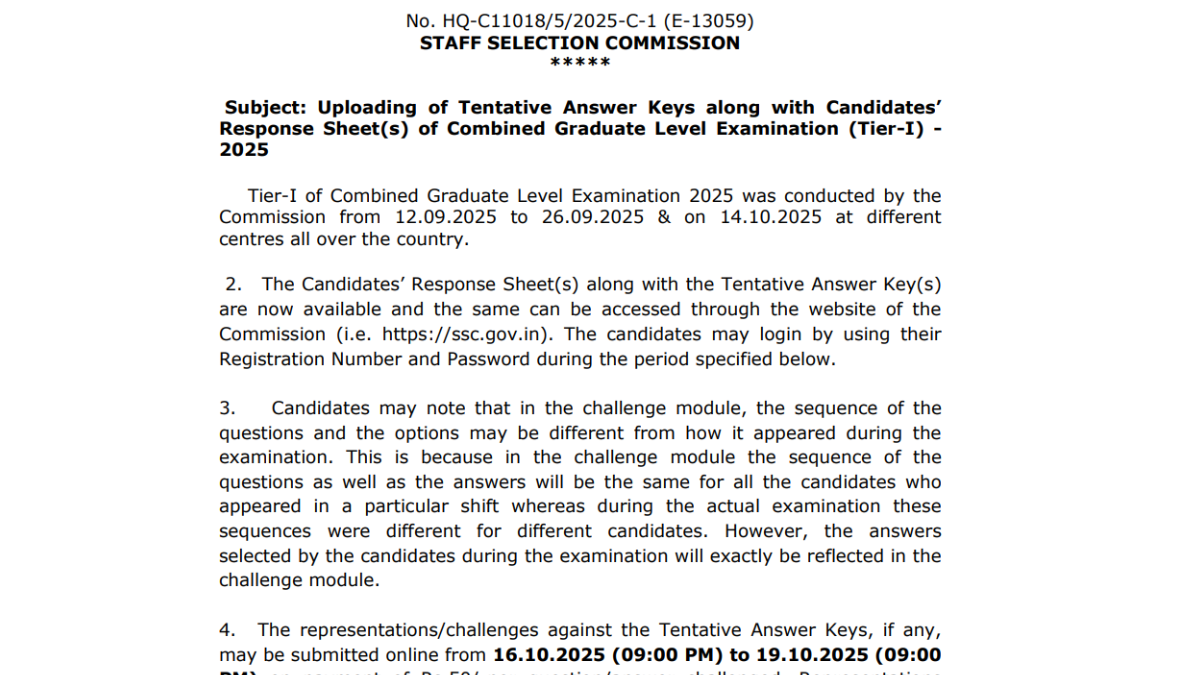 SSC CGL Tier 1 Answer Key 2025