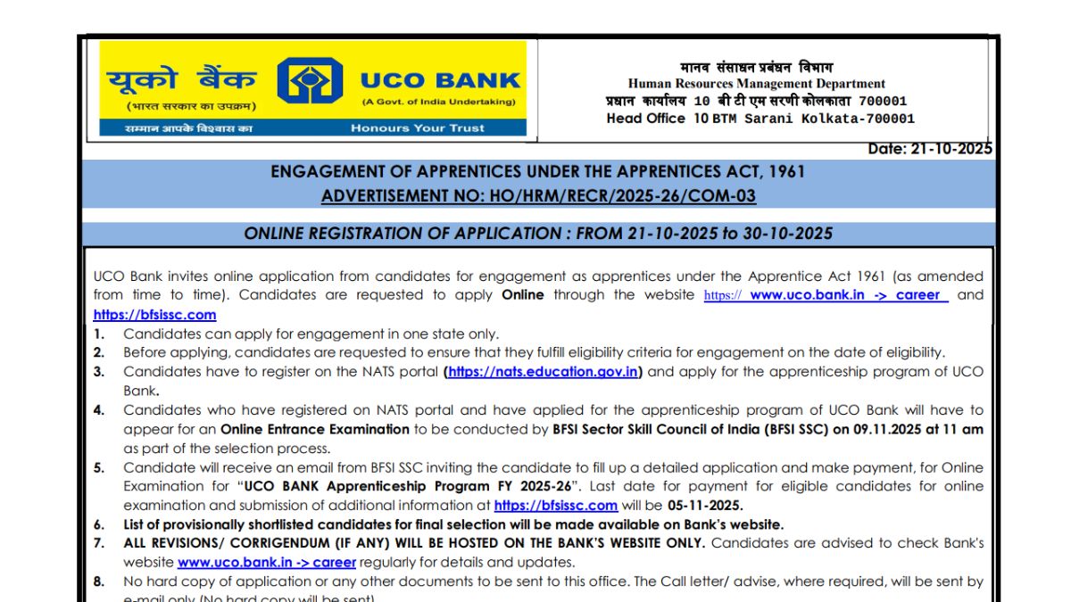 UCO Bank Apprentice Recruitment 2025