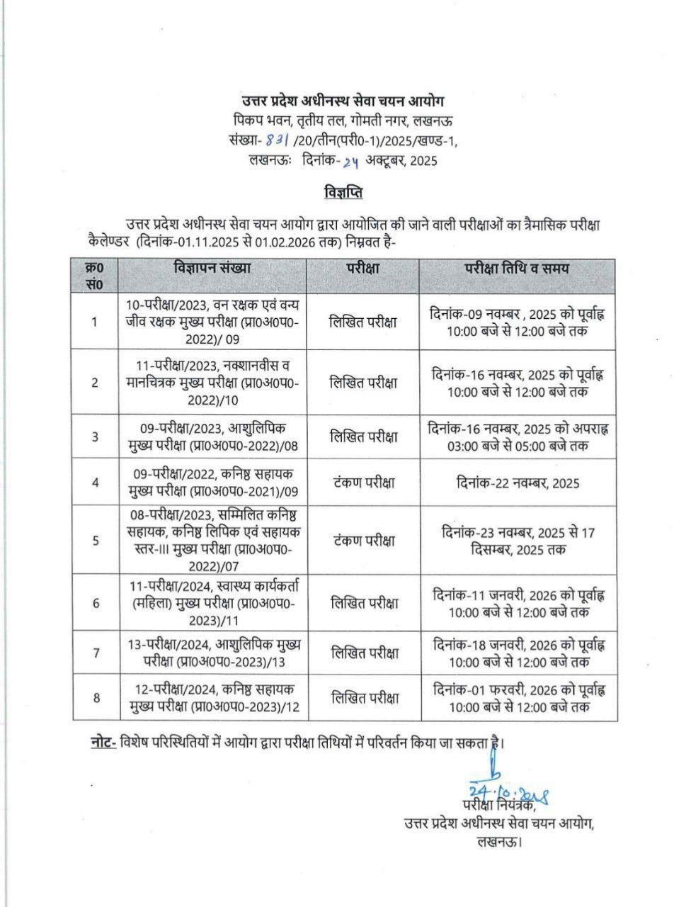 UPSSSC Exam Calendar 2025-26