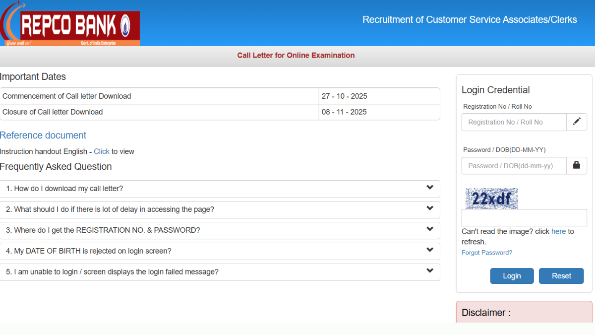 REPCO Bank Clerk Admit Card 2025
