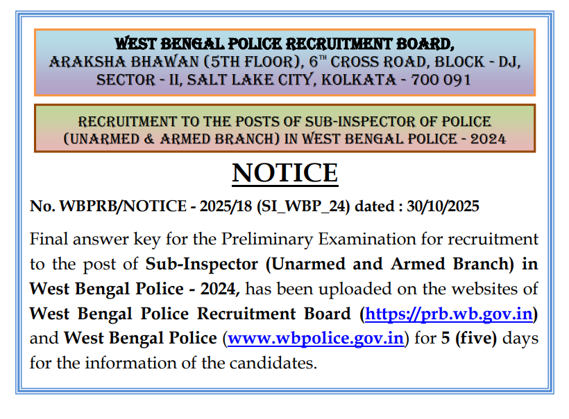 WBP SI Final Answer Key 2025