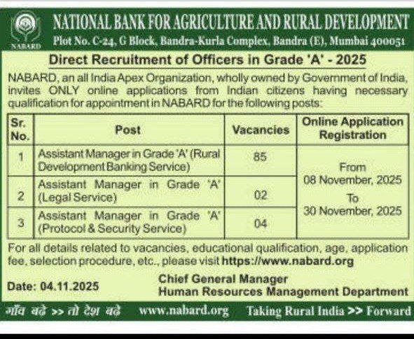 NABARD Grade A Notification 2025
