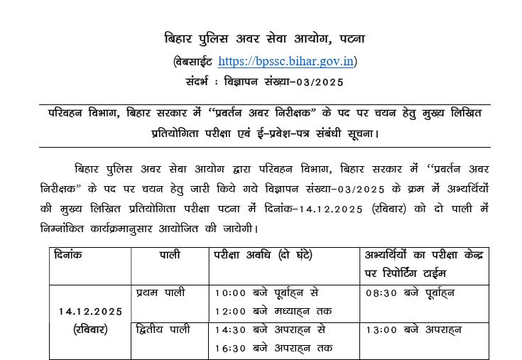 Bihar Police Enforcement SI Mains Exam Date