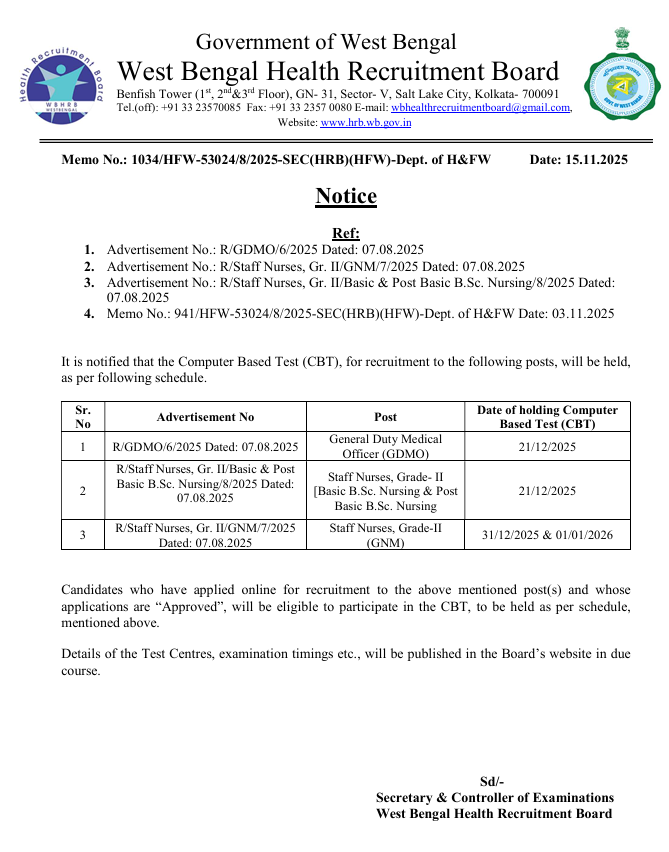 WBHRB Staff Nurse Exam Date Notice