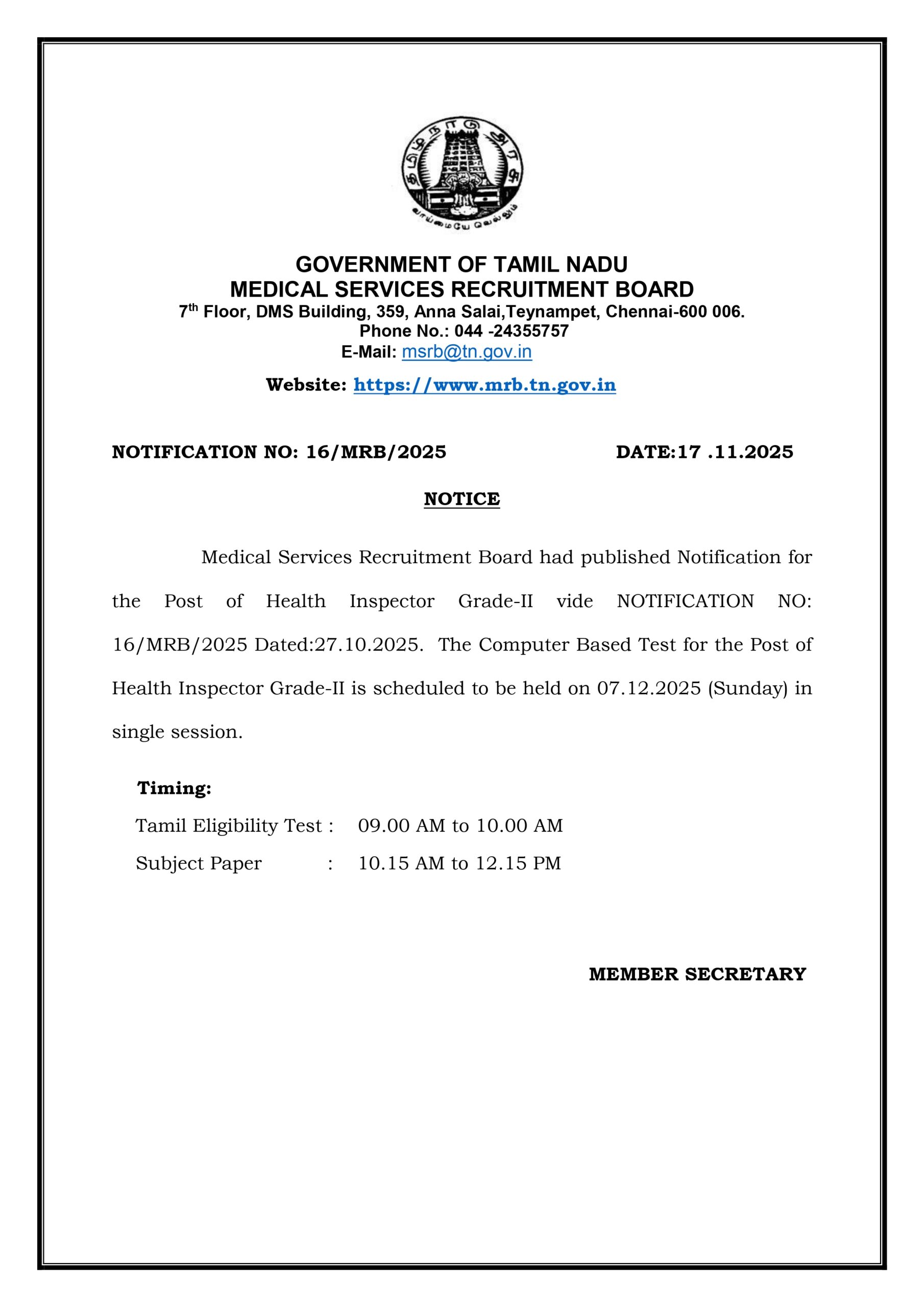 TN MRB Health Inspector Exam Date 2025 Out