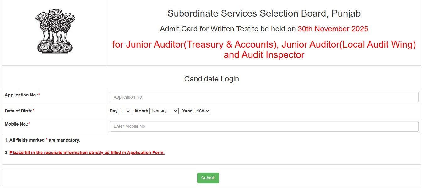 PSSSB Admit Card 2025