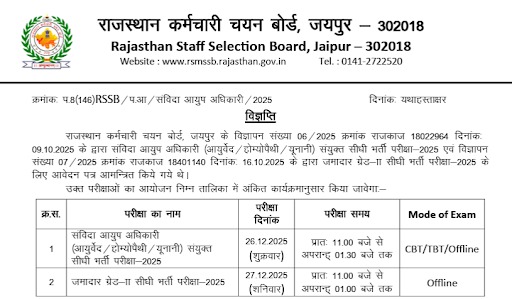 Rajasthan Jamadar Grade 2 exam date 2025