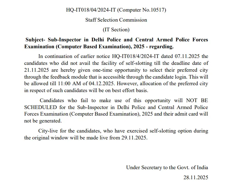 SSC CPO Exam City Intimation 2025 Live @ssc.gov.in, Check Your Exam City and Slot_3.1