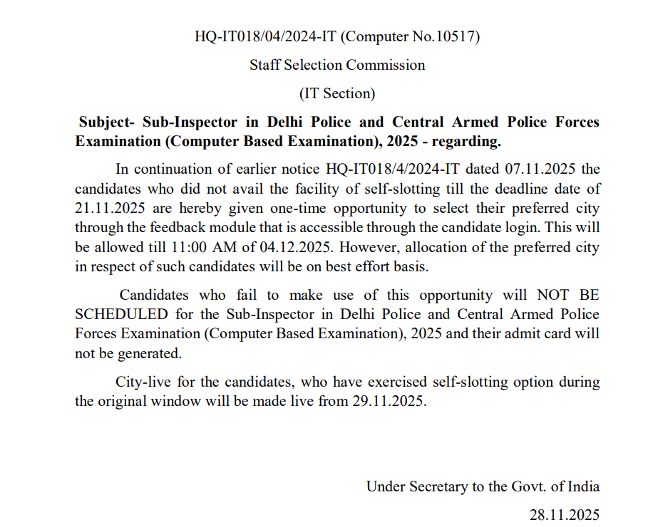 SSC CPO Slot Booking 2025 Reopen
