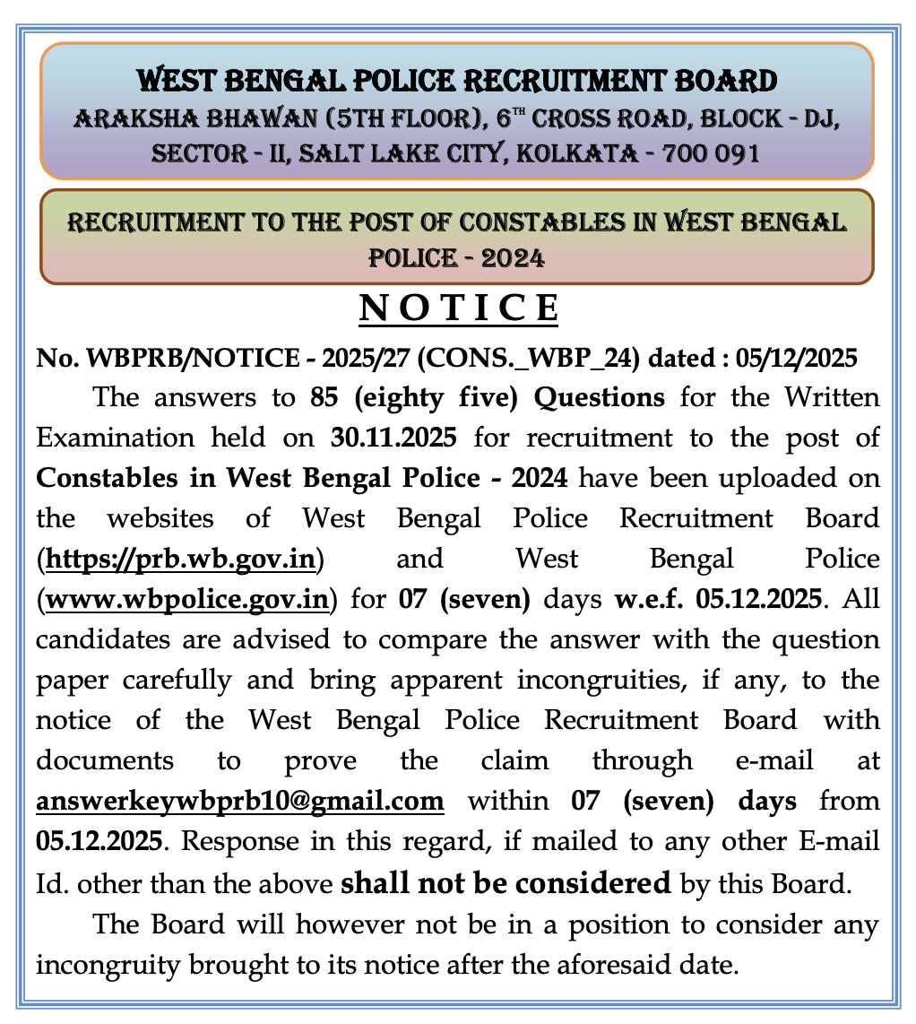 WBP Constable Answer Key 2025