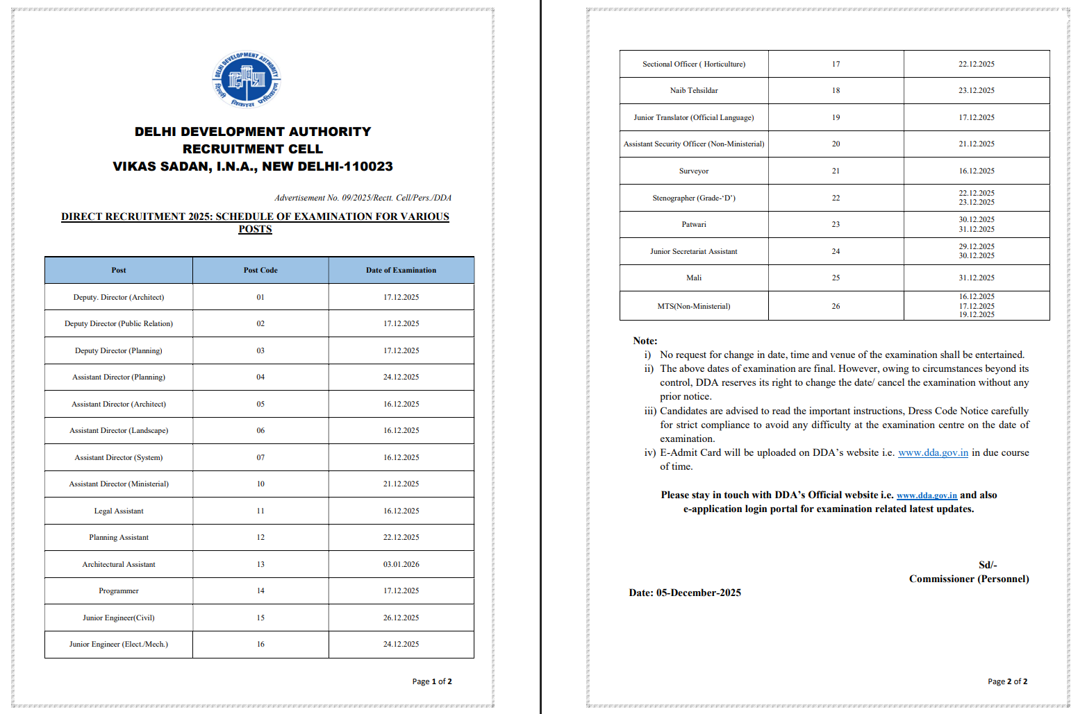 DDA SO Horticulture exam date