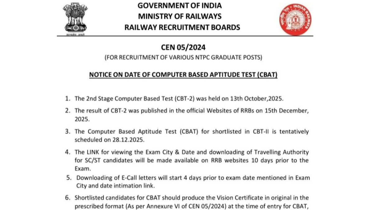 RRB NTPC Graduate CBAT Exam Date 2025