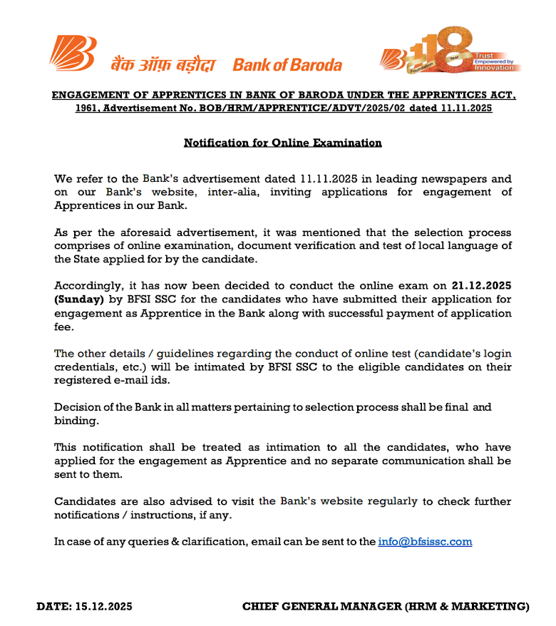Bank of Baroda Apprentice Exam Date 2025 Out for 2700 Posts, Exam on 21st December_3.1