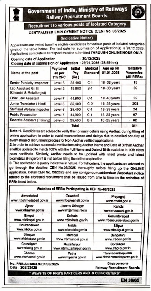RRB Isolated Category Recruitment 2026 Short Notice Out For 311 Posts, Application Starts on 30 Dec_3.1