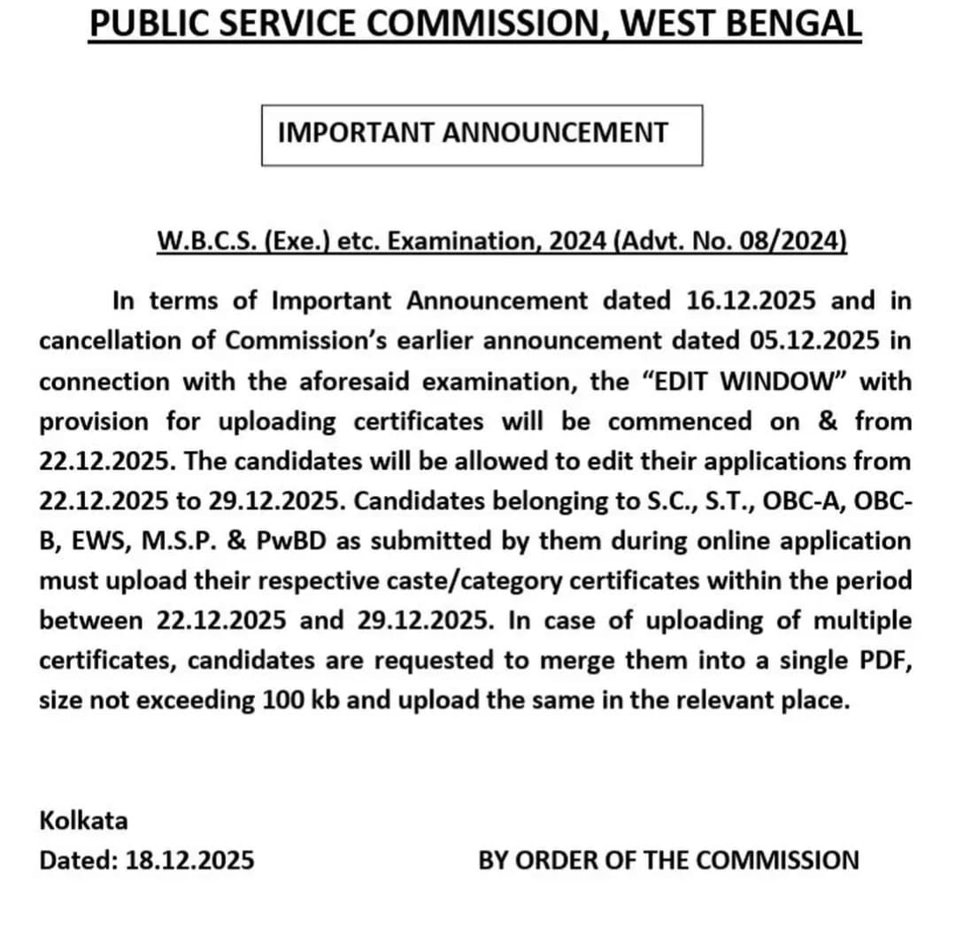 WBCS Notification 2025 Out, Application Edit Window Open from 22 to 29 Dec @psc.wb.gov.in_3.1
