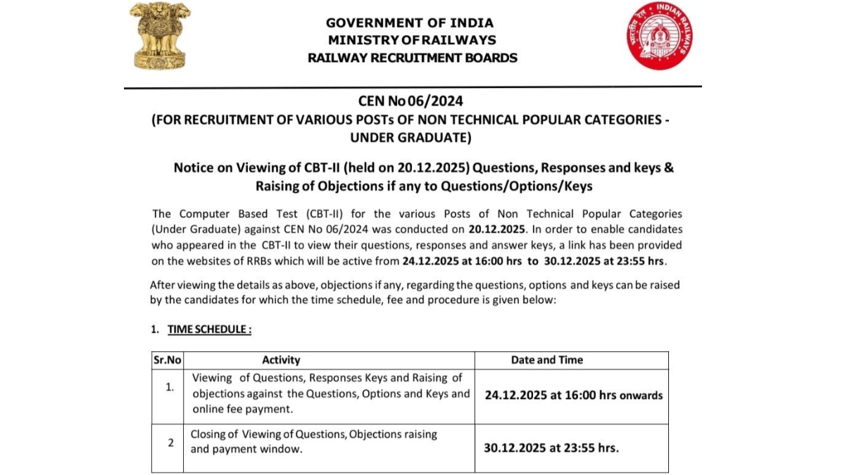 RRB NTPC Undergraduate CBT 2 Answer Key 2025 Out